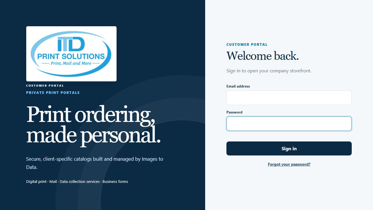 ITD Print Solutions customer portal login page