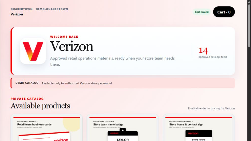 Example Verizon virtual storefront managed through the ITD Print Solutions portal